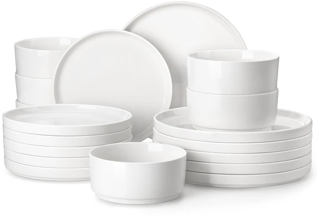 Main image of 18 Pieces Porcelain Dinnerware Set, Modern White Dish Set for 6, Premium Serving Plates and Bowls Sets, Chip and Scratch Resistant Dishware Sets Kitchen Dishes Dining Ware Set, Series LEAH
