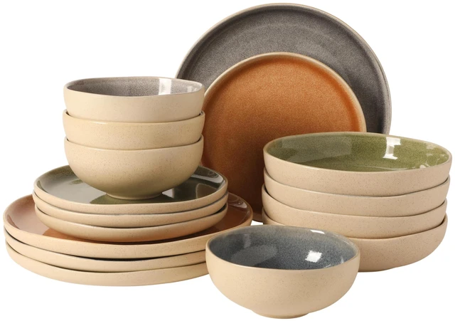 Main image of Manila Bay 16-Piece Stoneware Dinnerware Set, Service for 4, Reactive Glaze Modern Artisan Plates, Bowls & Mugs, Assorted Colors, Round Design