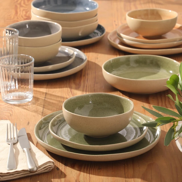 Alt view image 5 of 7 - Manila Bay 16-Piece Stoneware Dinnerware Set, Service for 4, Reactive Glaze Modern Artisan Plates, Bowls & Mugs, Assorted Colors, Round Design