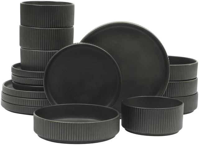 Main image of Deerfield 16-Piece Stoneware Dinnerware Set Matte Black Reactive Glaze Plates and Bowls, Stackable, Modern Design, Service for 4 Microwave & Dishwasher Safe