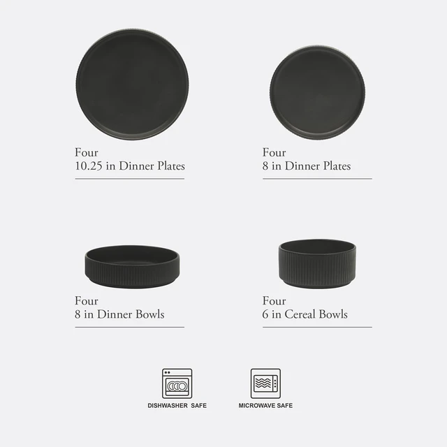 Alt view image 2 of 7 - Deerfield 16-Piece Stoneware Dinnerware Set Matte Black Reactive Glaze Plates and Bowls, Stackable, Modern Design, Service for 4 Microwave & Dishwasher Safe