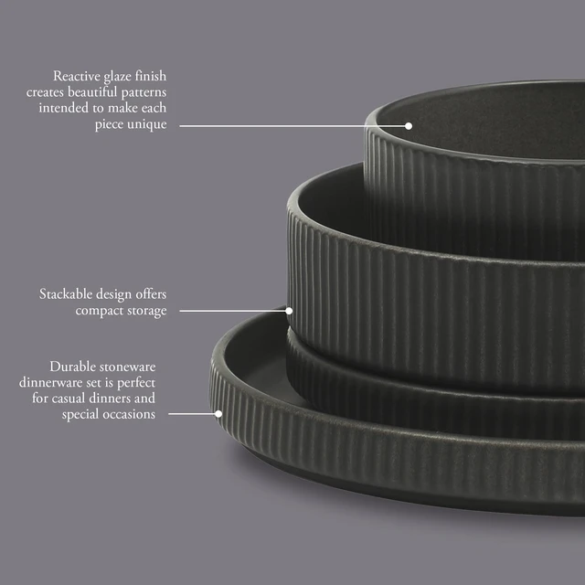 Alt view image 3 of 7 - Deerfield 16-Piece Stoneware Dinnerware Set Matte Black Reactive Glaze Plates and Bowls, Stackable, Modern Design, Service for 4 Microwave & Dishwasher Safe