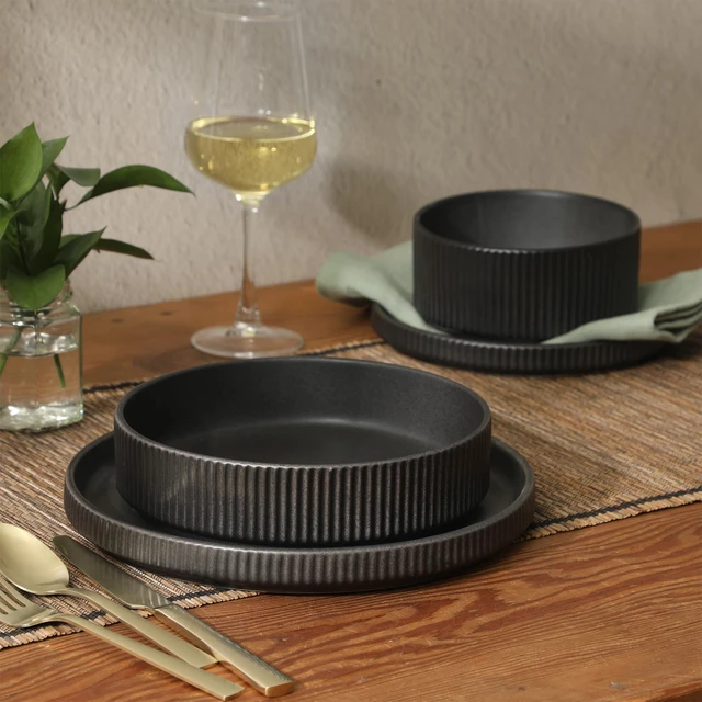Alt view image 5 of 7 - Deerfield 16-Piece Stoneware Dinnerware Set Matte Black Reactive Glaze Plates and Bowls, Stackable, Modern Design, Service for 4 Microwave & Dishwasher Safe