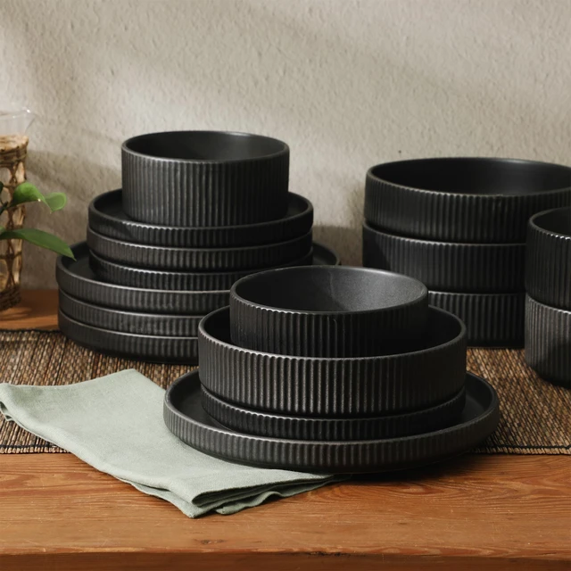 Alt view image 7 of 7 - Deerfield 16-Piece Stoneware Dinnerware Set Matte Black Reactive Glaze Plates and Bowls, Stackable, Modern Design, Service for 4 Microwave & Dishwasher Safe