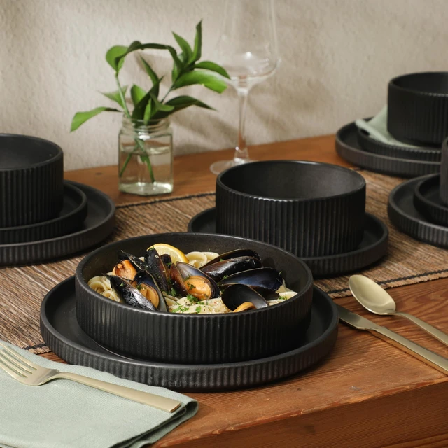 Alt view image 4 of 7 - Deerfield 16-Piece Stoneware Dinnerware Set Matte Black Reactive Glaze Plates and Bowls, Stackable, Modern Design, Service for 4 Microwave & Dishwasher Safe
