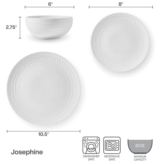 Alt view image 6 of 7 - Josephine 24-Piece White Porcelain Dinnerware Set | Complete Service for 8, Embossed Basket Weave Design, Durable White Porcelain, Microwave & Dishwasher Safe