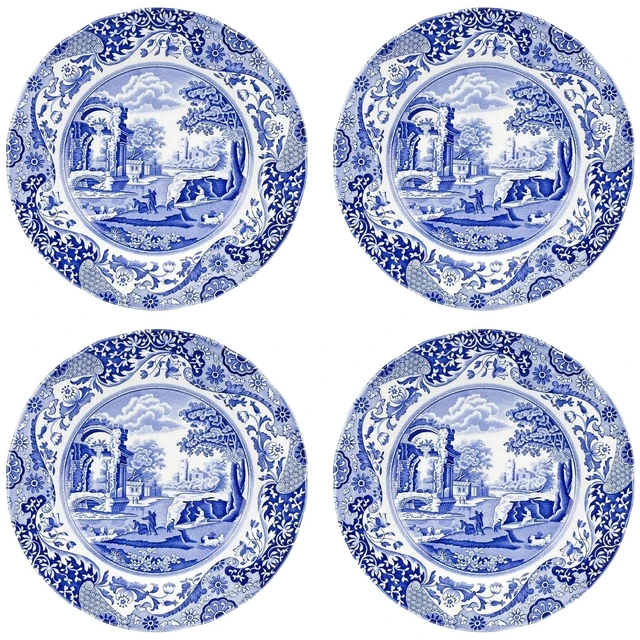 Main image of Blue Italian Dinner Plates - Blue/White, Set of 4 | 10.5" Earthenware Plates with Eastern-Inspired Border for Everyday Dining & Special Occasions, Microwave & Dishwasher Safe