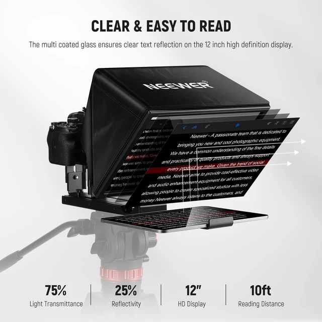 Alt view image 2 of 7 - Basics X12B Aluminum Alloy Teleprompter 12" for Tablet DSLR Camera | Compatible with iPad, Bluetooth, No Assembly, Remote & App Control, Compatible with iOS Android, Black, for Streaming