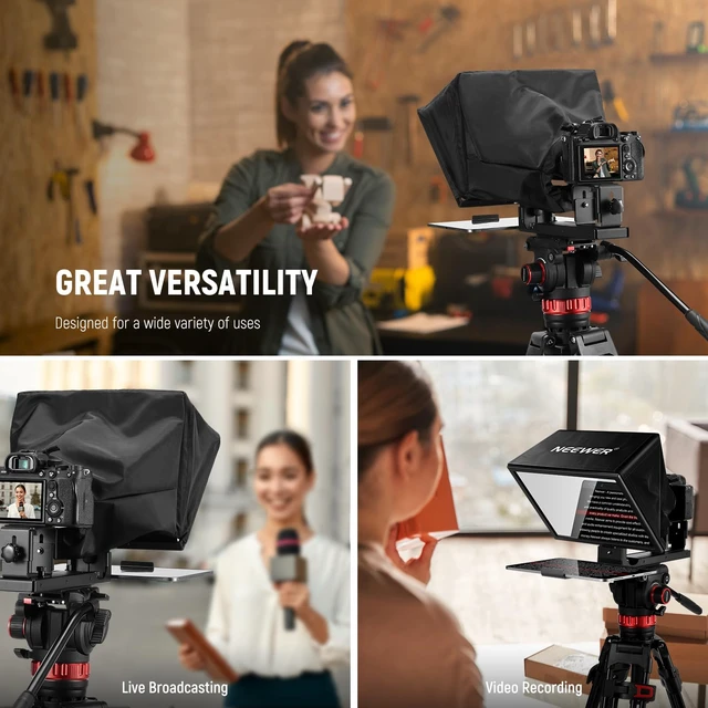 Alt view image 3 of 7 - Basics X12B Aluminum Alloy Teleprompter 12" for Tablet DSLR Camera | Compatible with iPad, Bluetooth, No Assembly, Remote & App Control, Compatible with iOS Android, Black, for Streaming