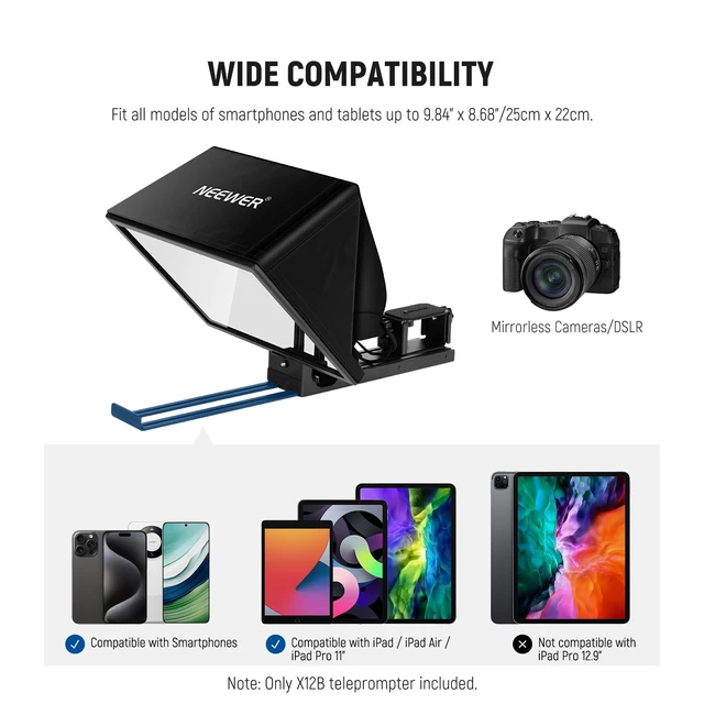 Alt view image 4 of 7 - Basics X12B Aluminum Alloy Teleprompter 12" for Tablet DSLR Camera | Compatible with iPad, Bluetooth, No Assembly, Remote & App Control, Compatible with iOS Android, Black, for Streaming