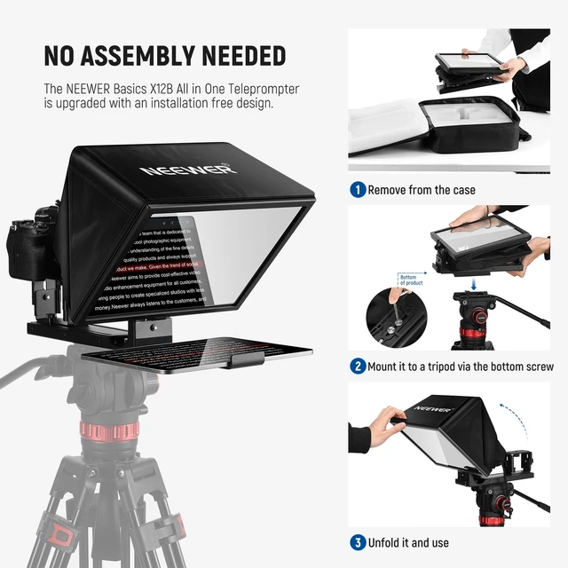 Alt view image 7 of 7 - Basics X12B Aluminum Alloy Teleprompter 12" for Tablet DSLR Camera | Compatible with iPad, Bluetooth, No Assembly, Remote & App Control, Compatible with iOS Android, Black, for Streaming