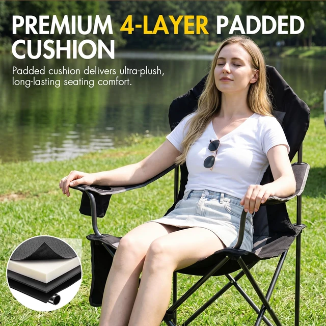 Alt view image 7 of 7 - Folding Camping Chair with High Back Padded 2 Pack Oversized Portable Lawn Chairs Lightweight Sturdy Steel Foldable Outdoor Camp Chair for Adults, Black