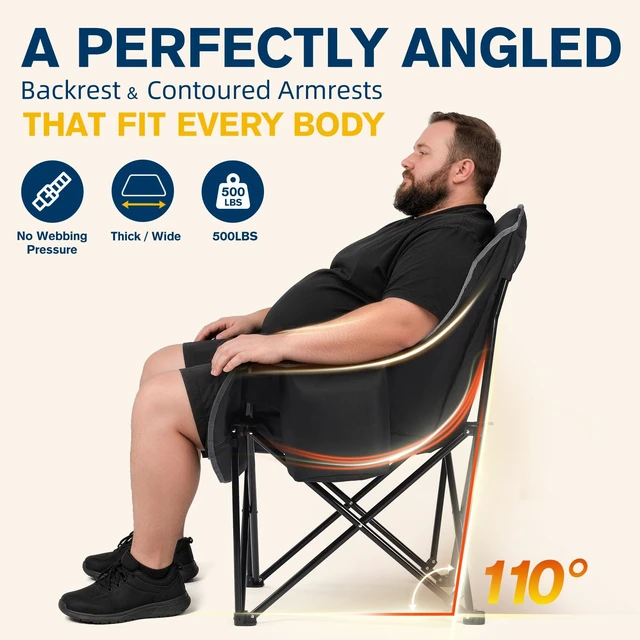 Alt view image 3 of 7 - Oversized Camping Chairs for Adults - Heavy Duty Padded Outdoor Camp Chair | Strap Opener, No assembly, Big & Tall adults, Folding lawn chairs, Convenient hook, Phone pocket, Patio, Beach, Picnic