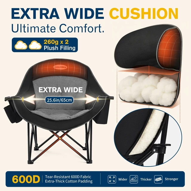 Alt view image 4 of 7 - Oversized Camping Chairs for Adults - Heavy Duty Padded Outdoor Camp Chair | Strap Opener, No assembly, Big & Tall adults, Folding lawn chairs, Convenient hook, Phone pocket, Patio, Beach, Picnic