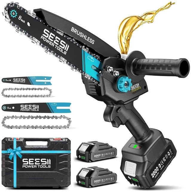 Main image of Mini Chainsaw Cordless 8 inch: Electric Chainsaw Battery Powered, Brushless Chain Saw with Auto Oiler, 2pcs Battery, Handheld Saw for Tree Branch Wood Cutting,Gardening Tools for Men Dad Husband