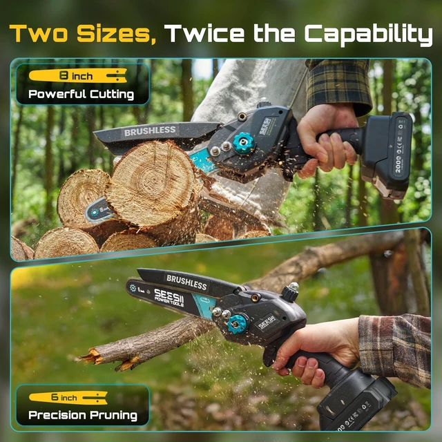 Alt view image 2 of 7 - Mini Chainsaw Cordless 8 inch: Electric Chainsaw Battery Powered, Brushless Chain Saw with Auto Oiler, 2pcs Battery, Handheld Saw for Tree Branch Wood Cutting,Gardening Tools for Men Dad Husband