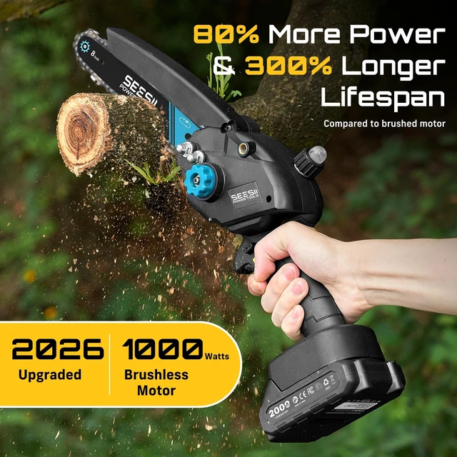 Alt view image 3 of 7 - Mini Chainsaw Cordless 8 inch: Electric Chainsaw Battery Powered, Brushless Chain Saw with Auto Oiler, 2pcs Battery, Handheld Saw for Tree Branch Wood Cutting,Gardening Tools for Men Dad Husband