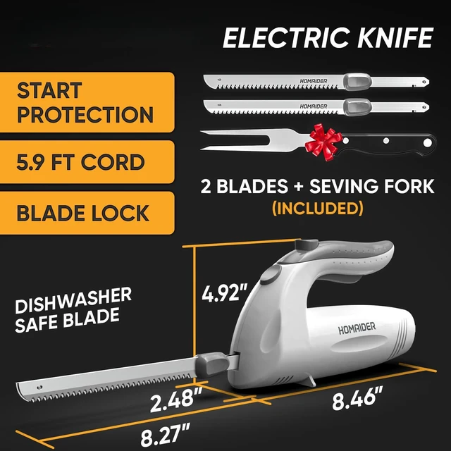 Alt view image 2 of 7 - Electric Knife for Meat Slicing 2 Blades, Carving Fork & 6 Ft Cord | 150W Motor, Comfort Grip, Blade Safety-Lock, Reciprocating Stailness Steel Blades, Suitable for Turkey, Meat, Bread & More