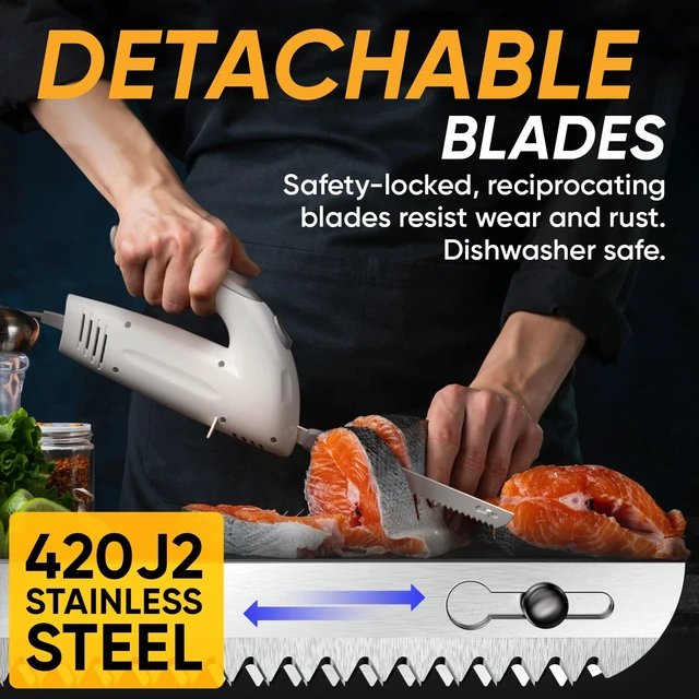 Alt view image 6 of 7 - Electric Knife for Meat Slicing 2 Blades, Carving Fork & 6 Ft Cord | 150W Motor, Comfort Grip, Blade Safety-Lock, Reciprocating Stailness Steel Blades, Suitable for Turkey, Meat, Bread & More