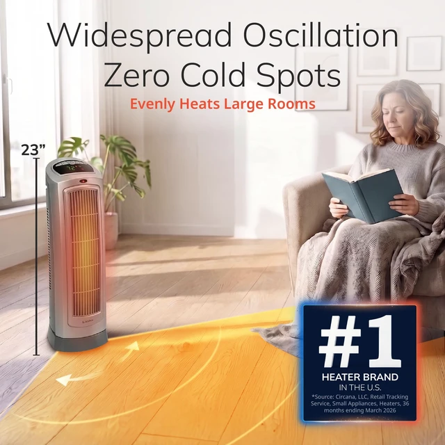 Alt view image 2 of 7 - Oscillating Digital Ceramic Tower Heater for Home with Adjustable Thermostat, Timer and Remote Control, 23 Inches, 1500W, Silver, 755320