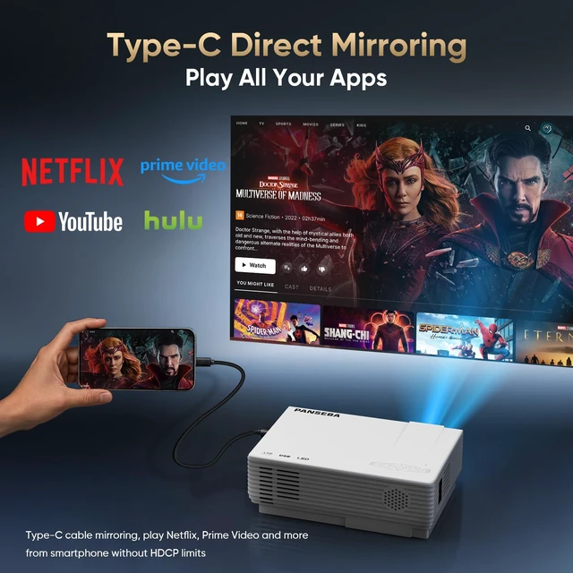 Alt view image 2 of 7 - Native 1080P Mini Projector Bluetooth, Type-C Wired Mirroring for Netflix | Included Type-C Cable Smartphone Mirroring, Bluetooth Projector, E Focus, Auto Keystone, Indoor/Outdoor Projector