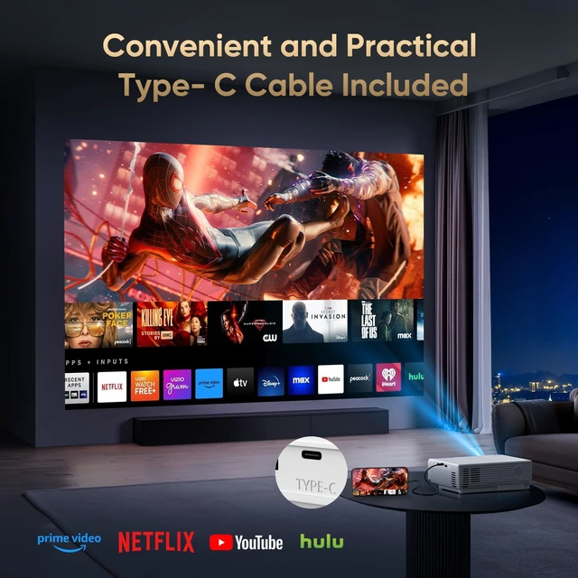 Alt view image 4 of 7 - Native 1080P Mini Projector Bluetooth, Type-C Wired Mirroring for Netflix | Included Type-C Cable Smartphone Mirroring, Bluetooth Projector, E Focus, Auto Keystone, Indoor/Outdoor Projector