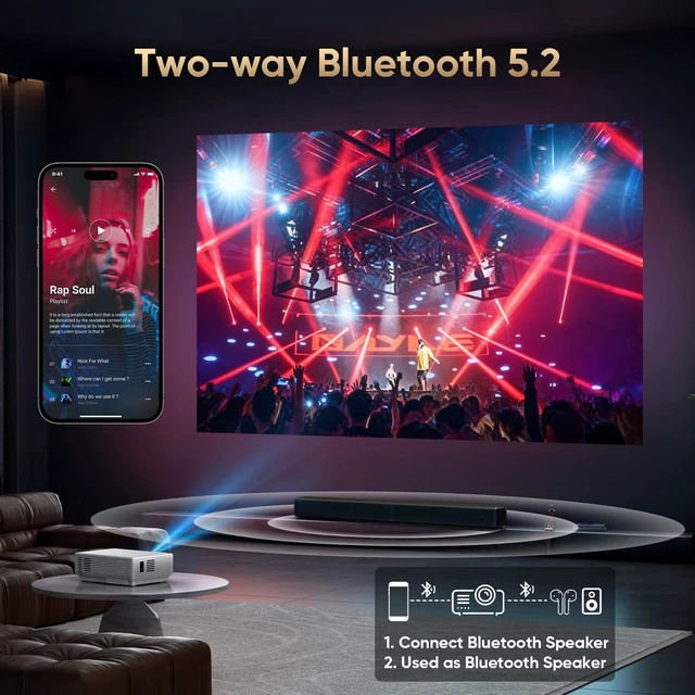 Alt view image 7 of 7 - Native 1080P Mini Projector Bluetooth, Type-C Wired Mirroring for Netflix | Included Type-C Cable Smartphone Mirroring, Bluetooth Projector, E Focus, Auto Keystone, Indoor/Outdoor Projector