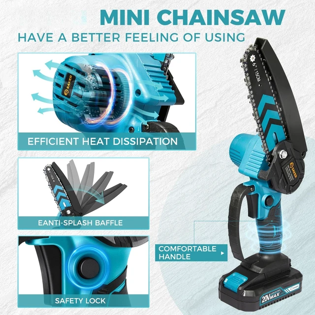 Alt view image 2 of 7 - Mini Chainsaw,6 Inch Electric Chainsaw Cordless with 2 Batteries Blue | Portable Small Handheld Chain saw for Tree Branches,Courtyard, Household and Garden,Gift for Men Husband Women Father