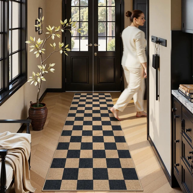 Alt view image 6 of 7 - Christmas Runner Rug, 2x8 Christmas Kitchen Decor Checkered Non Slip Entryway Runner Rug, Checkerboard Red and Black Indoor Outdoor Xmas Decorations for Hallway 8ft Entry Bathroom