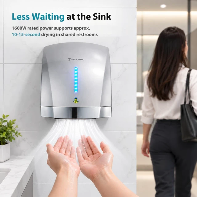 Alt view image 2 of 7 - Commercial Hand Dryers for Bathrooms Wall-Mount, Plug-in 120V 1600W Silver | Dual Wind, Auto Shutoff Electric Hand Dryer Touchless, 40db Ultra Quiet Low Noise, Venue D5 3314