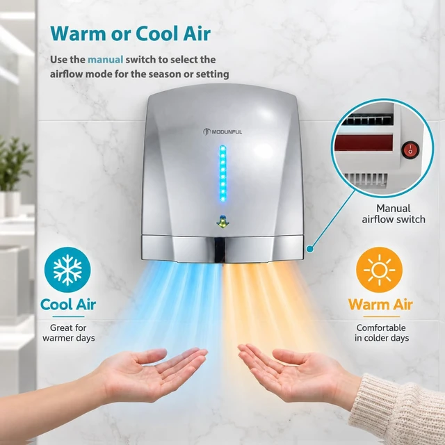 Alt view image 3 of 7 - Commercial Hand Dryers for Bathrooms Wall-Mount, Plug-in 120V 1600W Silver | Dual Wind, Auto Shutoff Electric Hand Dryer Touchless, 40db Ultra Quiet Low Noise, Venue D5 3314