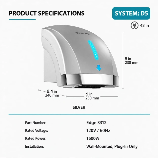 Alt view image 7 of 7 - Commercial Hand Dryers for Bathrooms Wall-Mount, Plug-in 120V 1600W Silver | Dual Wind, Auto Shutoff Electric Hand Dryer Touchless, 40db Ultra Quiet Low Noise, Venue D5 3314