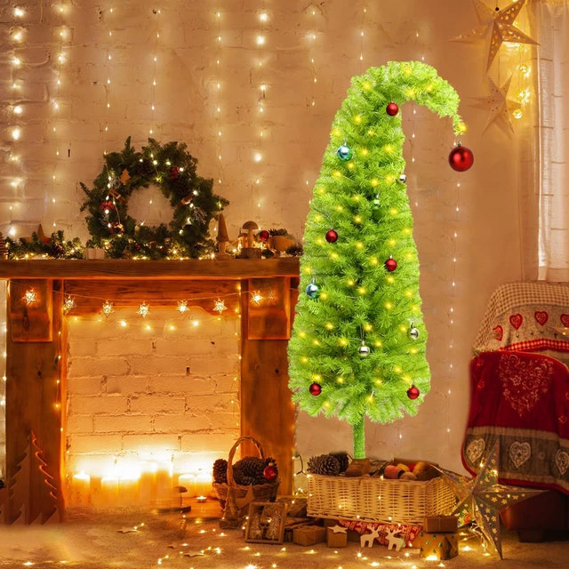 Alt view image 6 of 6 - 5FT Whimsical Lime Green Christmas Tree with 150 LED Timer Lights and Balls Ornament, Bendable Artificial Pencil Tree with Metal Base for Home Office Apartment Holiday Party Decoration