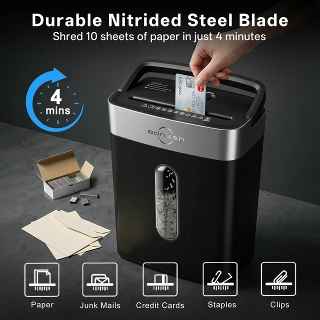 Alt view image 3 of 7 - 10-Sheet Cross-Cut Shredder for Home Office, P-4 high Security, Quiet, Credit Card Shredder, jam-Proof System, 4-Gallon bin