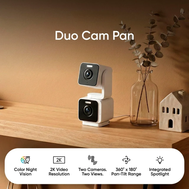 Alt view image 2 of 7 - Duo Cam Pan Indoor/Outdoor IP65 2K 360° Pan/Tilt Smart Home Security Camera with Color Night Vision, Compatible with Alexa & Google Assistant, White
