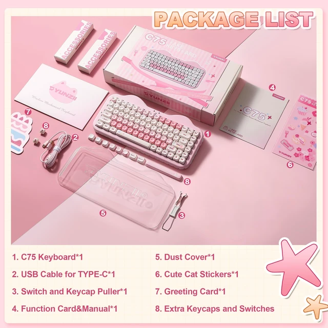 Alt view image 7 of 7 - C75 Cute 75% Wireless Mechanical Keyboard (Pink, Candy Switch) | Creamy Cake Keyboard, BT5.0/2.4G/USB-C, Hot-Swap, NKRO, PBT MOA Keycaps,5500mAh RGB Gasket Mount for Mac/Win/Gaming/Office