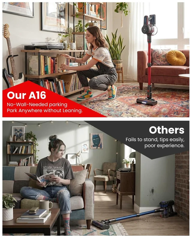 Alt view image 3 of 7 - Lightweight Cordless Vacuum Cleaners for Home, Stick Vacuum Cordless Rechargeable with 45kPa Suction,45-Min Run,Anti-Tangle and Self-Stand, 6 in 1 Hardwood Vacuum Cleaner (red)