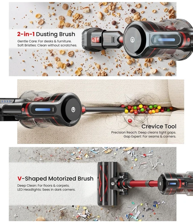 Alt view image 5 of 7 - Lightweight Cordless Vacuum Cleaners for Home, Stick Vacuum Cordless Rechargeable with 45kPa Suction,45-Min Run,Anti-Tangle and Self-Stand, 6 in 1 Hardwood Vacuum Cleaner (red)