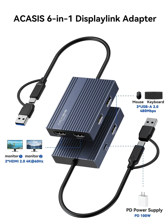 Alt view image 2 of 7 - USB C to Dual HDMI DisplayLink Adapter for Mac M1/M2/M3/M4 &PD100W | USB C DisplayLink Docking Station with 2*HDMI,3*USB-A Displaylink Adapter for Data Analysis / Multitasking Driver Required