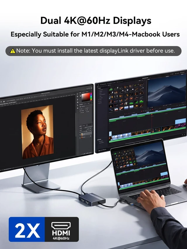 Alt view image 3 of 7 - USB C to Dual HDMI DisplayLink Adapter for Mac M1/M2/M3/M4 &PD100W | USB C DisplayLink Docking Station with 2*HDMI,3*USB-A Displaylink Adapter for Data Analysis / Multitasking Driver Required
