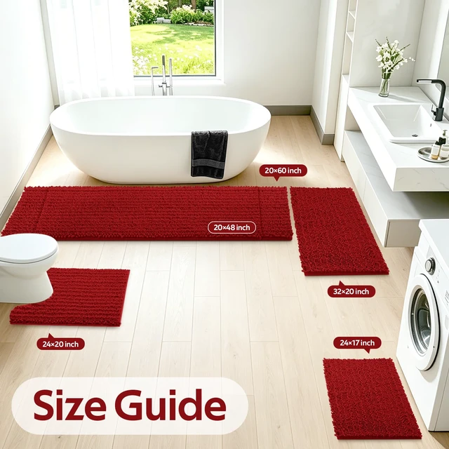 Alt view image 2 of 7 - Upgrade Extra Large Red Bathroom Rug Set 3 Pieces Ultra Soft, Thick Absorbent Bath Mats, Non Slip Chenille Toilet Mat for Bathroom, Bedroom, Kitchen