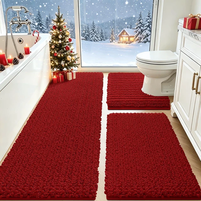 Main image of Upgrade Extra Large Red Bathroom Rug Set 3 Pieces Ultra Soft, Thick Absorbent Bath Mats, Non Slip Chenille Toilet Mat for Bathroom, Bedroom, Kitchen
