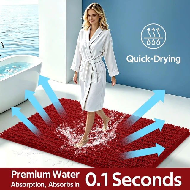 Alt view image 4 of 7 - Upgrade Extra Large Red Bathroom Rug Set 3 Pieces Ultra Soft, Thick Absorbent Bath Mats, Non Slip Chenille Toilet Mat for Bathroom, Bedroom, Kitchen