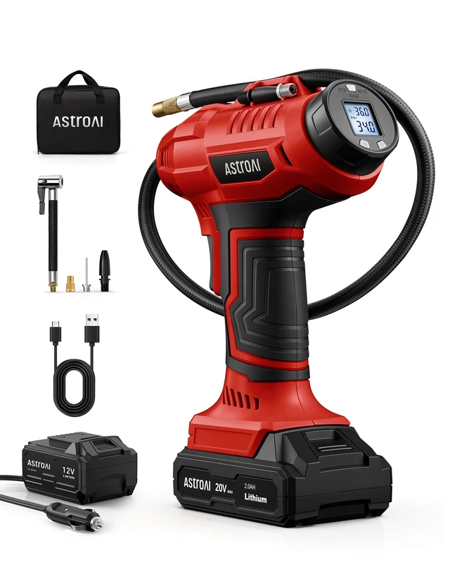 Main image of Cordless Tire Inflator Portable Air Compressor 160PSI 12VDC Battery | Dual Power Supply Auto Shut-Off Digital Pressure Gauge Fast Inflation Air Pump for Cars Motorcycles Bikes Ball Gift Red