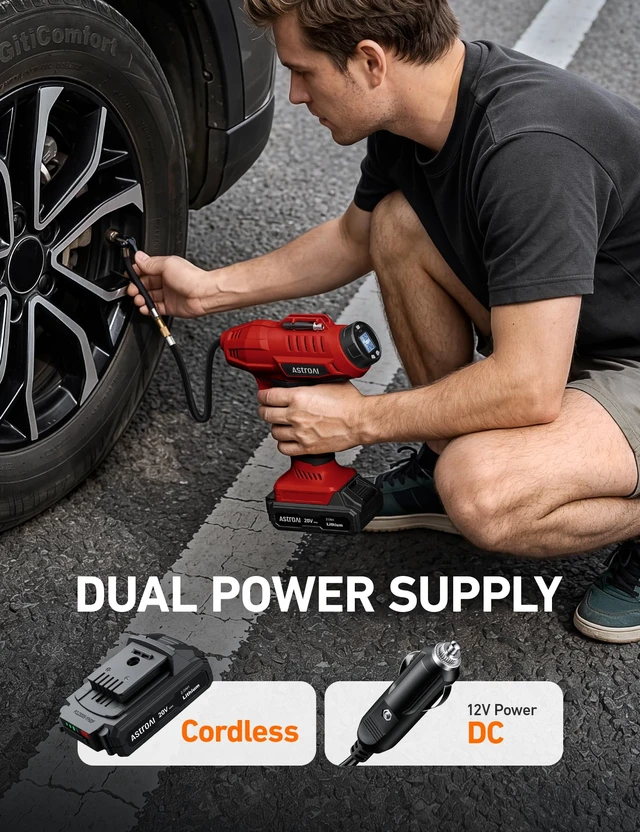 Alt view image 3 of 7 - Cordless Tire Inflator Portable Air Compressor 160PSI 12VDC Battery | Dual Power Supply Auto Shut-Off Digital Pressure Gauge Fast Inflation Air Pump for Cars Motorcycles Bikes Ball Gift Red