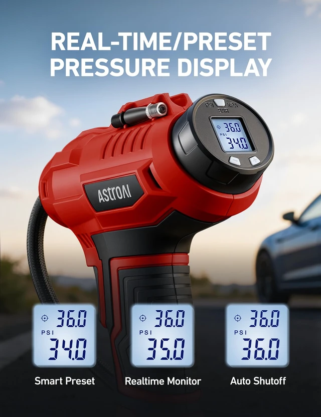 Alt view image 5 of 7 - Cordless Tire Inflator Portable Air Compressor 160PSI 12VDC Battery | Dual Power Supply Auto Shut-Off Digital Pressure Gauge Fast Inflation Air Pump for Cars Motorcycles Bikes Ball Gift Red