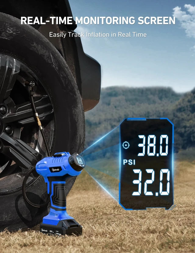 Alt view image 5 of 7 - Cordless Tire Inflator Portable Air Compressor 160PSI 12VDC Battery | Dual Power Supply Auto Shut-Off Digital Pressure Gauge Fast Inflation Air Pump for Cars Motorcycles Bikes Ball Gift Blue