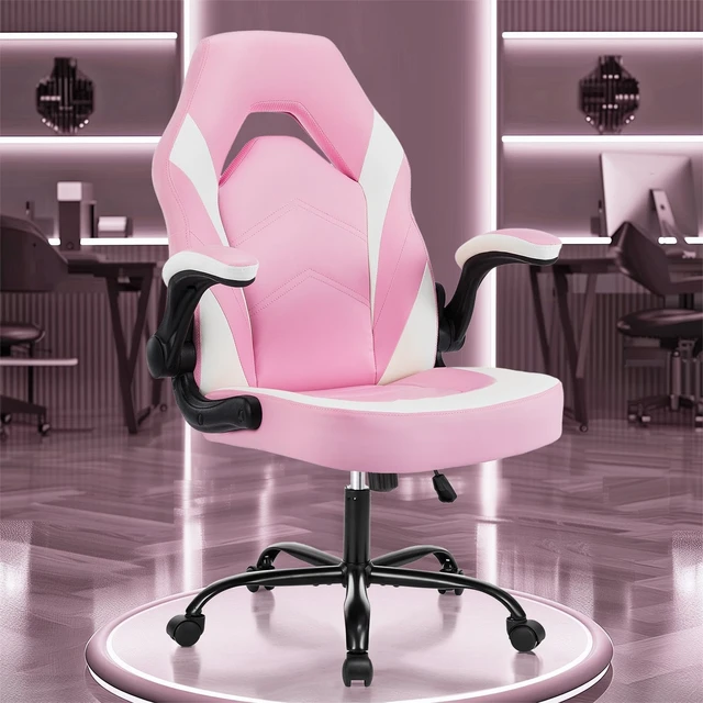 Alt view image 3 of 7 - Computer Video Game Chair - Ergonomic Home Office with Comfy Lumbar Support, PU Leather Height Adjustable with Flip-up Armrest and 360° Swivel Wheels, Blue, for Adults, Teens