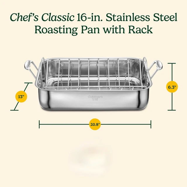 Alt view image 5 of 5 - Chef's Classic Roasting Pan w/Rack, Stainless, 16", 7117-16UR | Roasting pan with rack, large capacity for turkeys and roasts, dishwasher safe, oven-safe construction