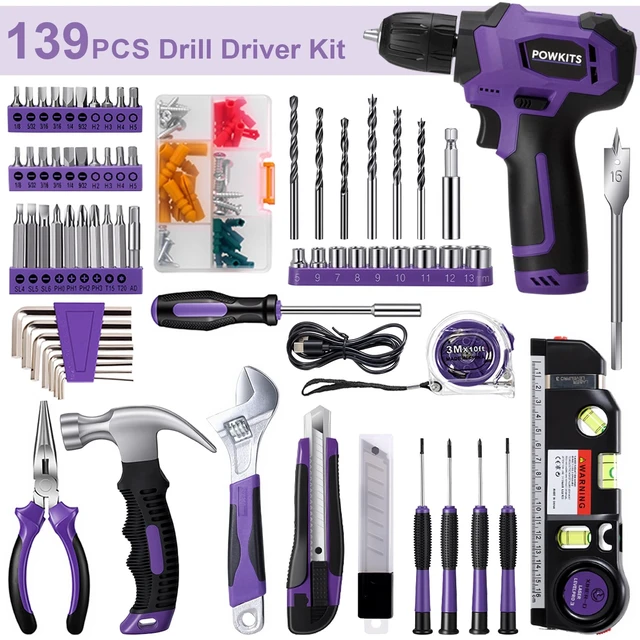 Alt view image 2 of 7 - 8V Purple Cordless Drill Set for Women, Starter Tool Kit with Drill | Electric Drill, USB Charger, 3/8" Keyless Chuck, 139-PIECE Tool Set with Drill for Home Repairs, DIY Project